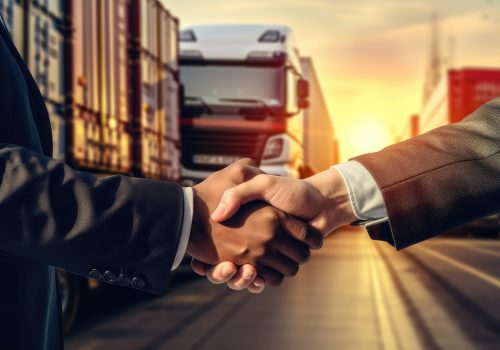 Businessmen shaking hands on cargo shipping background, freight transportation concept, Double exposure of a businessman's handshake with a cargo truck on the road and an import, AI Generated