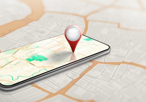 Application of GPS Navigation map on smartphone with Red, blue, and yellow pinpoint. Route map with Location pinpoint symbols on screen and World map background. 3D Render.