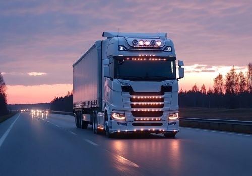 White semi-truck is driving fast on the highway at dusk, delivering commercial cargo with headlights illuminating the road against a beautiful sunset sky